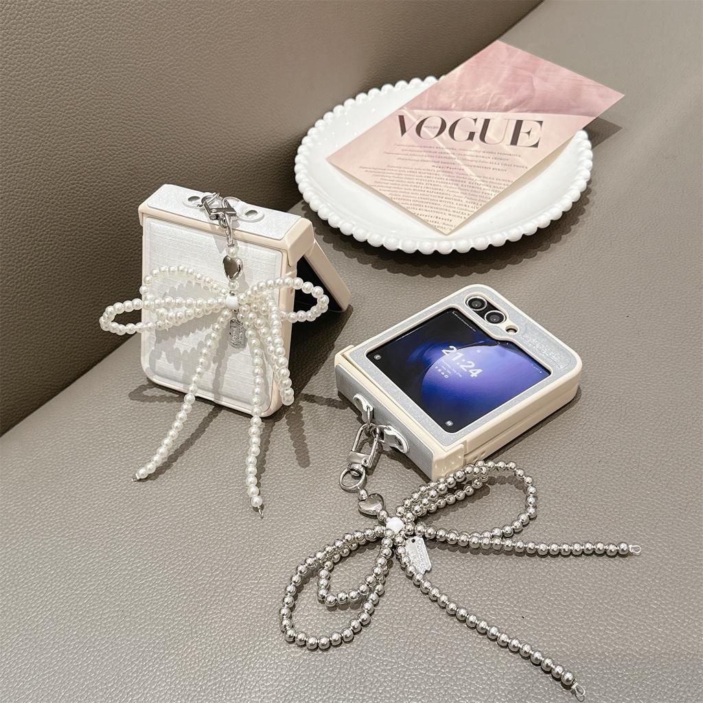 For Samsung Galaxy Z Flip7 FE 5G/Z Flip6 5G Case Hinge Protection Leather+PC Phone Cover with Bow Beaded Strap
