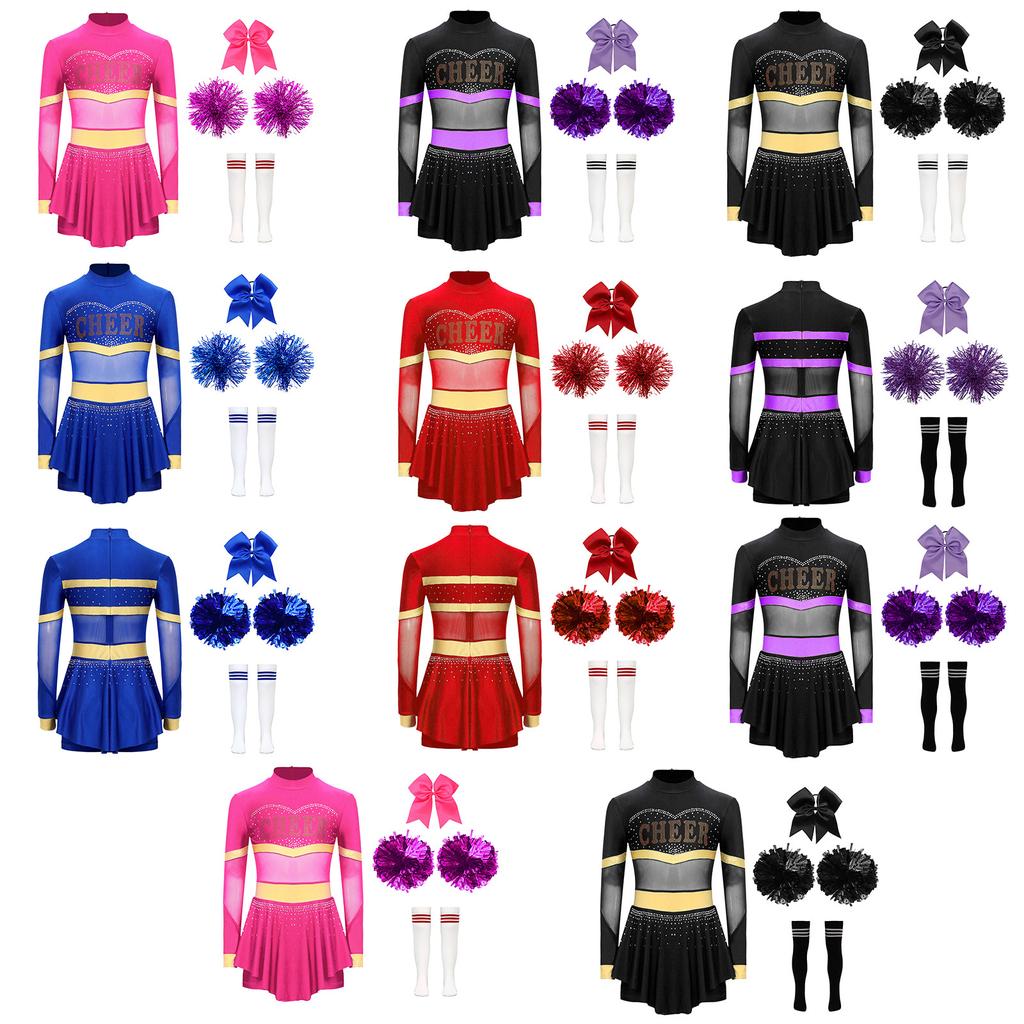 4Pcs Girls Cheer Leader Costume Long Sleeve Diamonds Dance Jumpsuit with Cheerleading Hand Flower Bowknot Hair Ties and Striped Knee High Tube Socks
