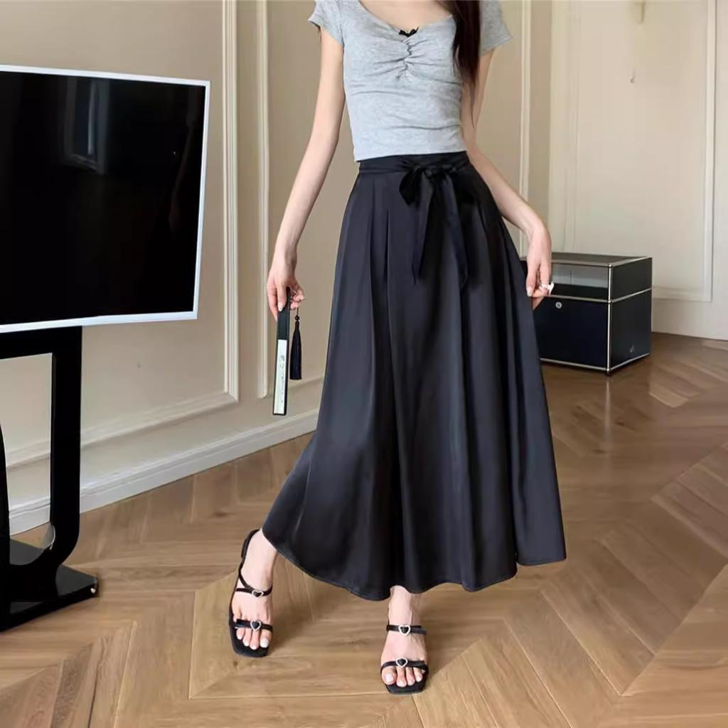 DX~~New Design Feeling Bow Tie Satin Pleated Skirt, Spring and Summer High Waisted Slim A-line Skirt