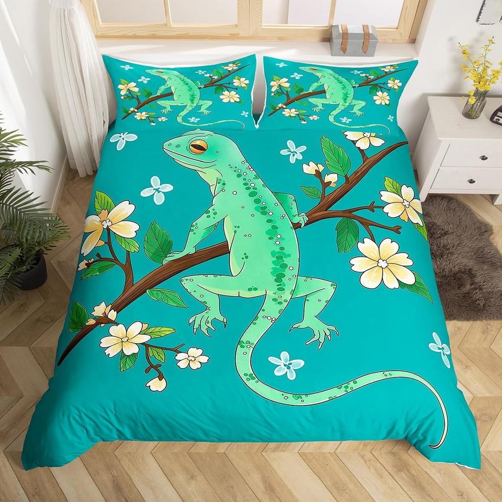 Lizard Reptiles Duvet Cover Gift For Boys Girls Funny Gecko Bedding Set Full Queen Microfiber Cute Animal Theme Comforter Cover