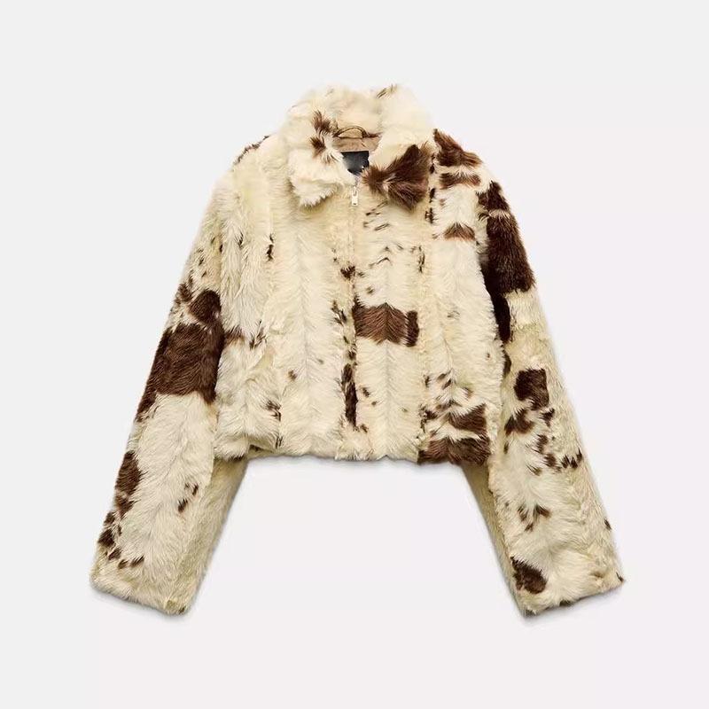 European and American style autumn and winter lapel casual top women's pattern printing artificial fur effect jacket short top
