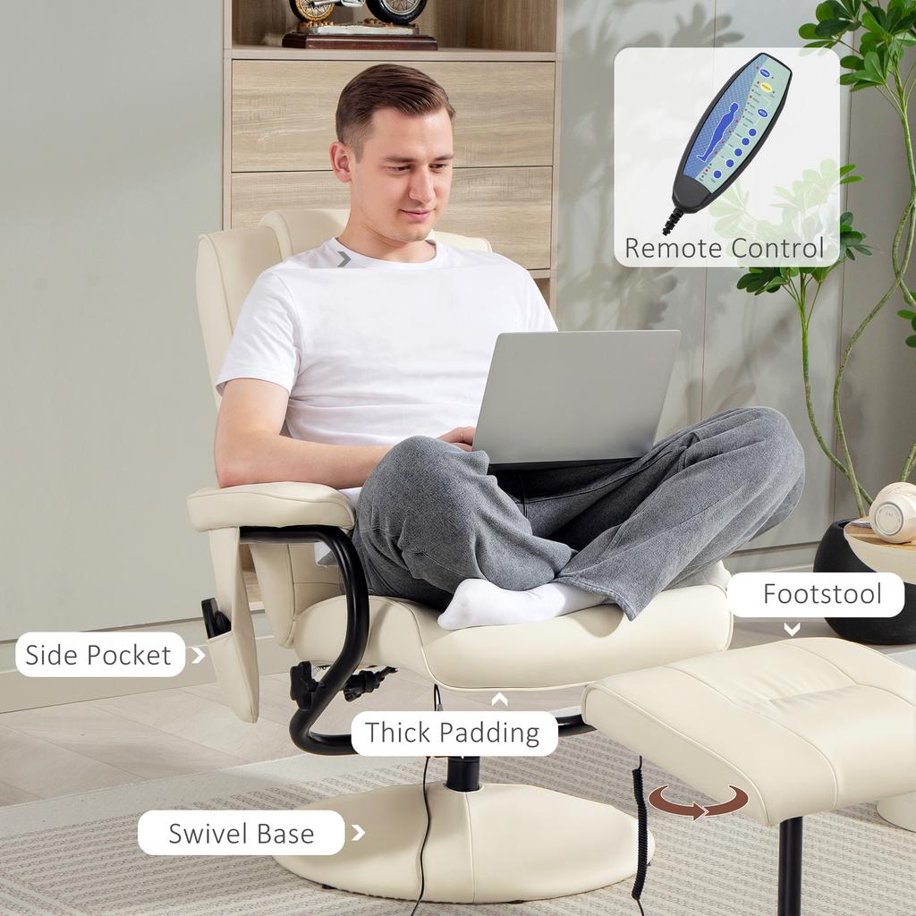 Swivel Recliner Chair and Footstool, Faux Leather Massage Recliner Armchair with Remote Control and Round Wrapped Base, Cream White