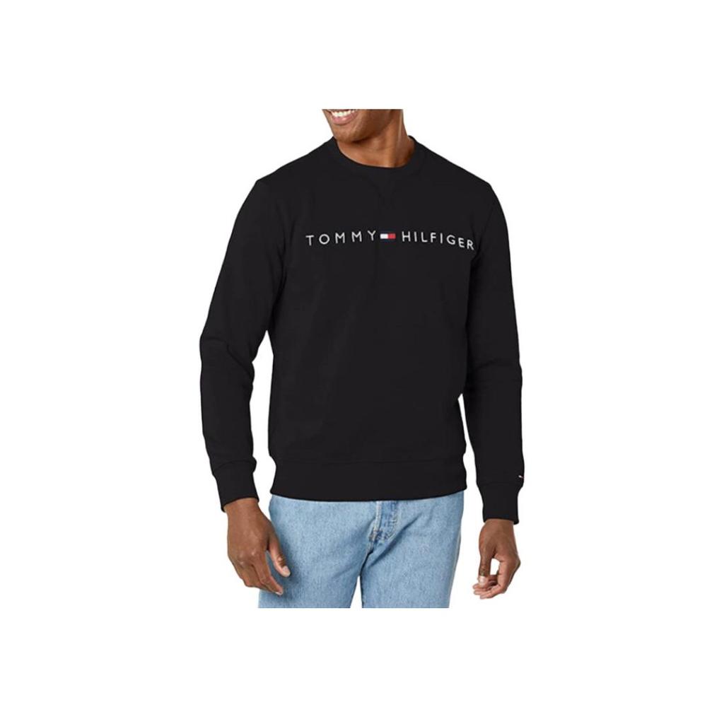 Tommy Hilfiger Однотонный флисовый пуловер с принтом букв Прямой крой Круглый вырез Осень Зима Толстовка Мужская толстовка Черный 78D8989-065