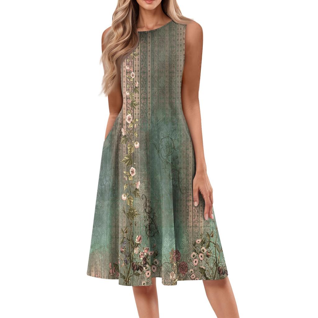 Женское модное повседневное платье-пуловер с круглым вырезом без рукавов и принтом средней длины