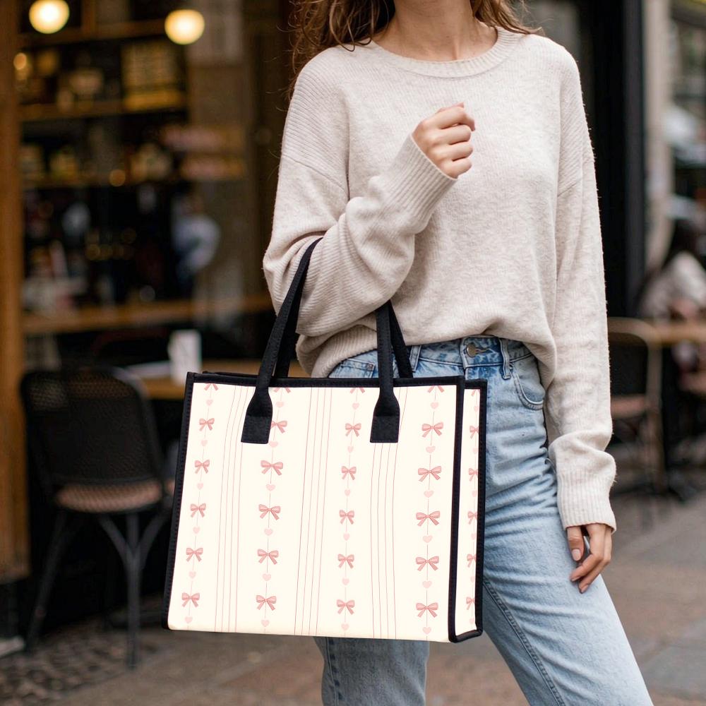 Sweet Pink Bow Printed Tote Bag Fashion Daily Use Casual Shoulder Bag for Women Shopping Travel Lightweight Carryall Purse