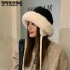 Autumn Winter Down Cotton Hats Women Solid Color Warm Ear Protection Hats with Ropes Casual Versatile Outdoor Hats