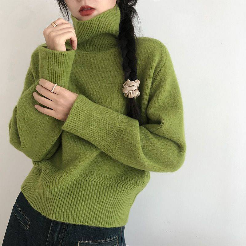 Autumn and Winter Korean Casual Solid Color High Collar Sweater Warm Knitted Sweater Top Women's Clothing