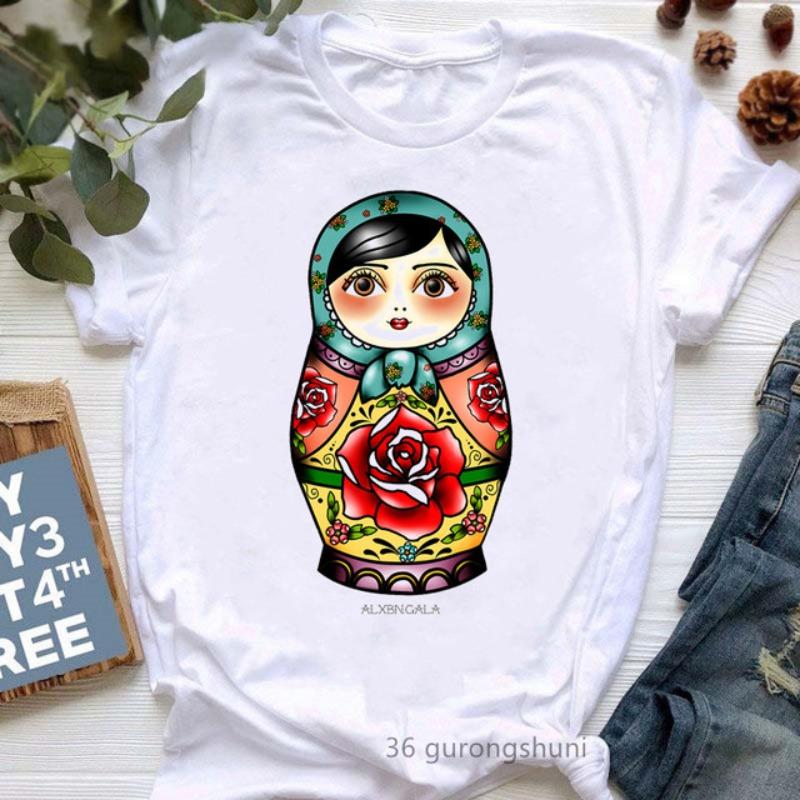 Матрешка Мультяшная Хлопковая Печатная Детская Футболка с Коротким Рукавом Новый Модный Тренд Родитель-Ребенок Свободная С Круглым Вырезом