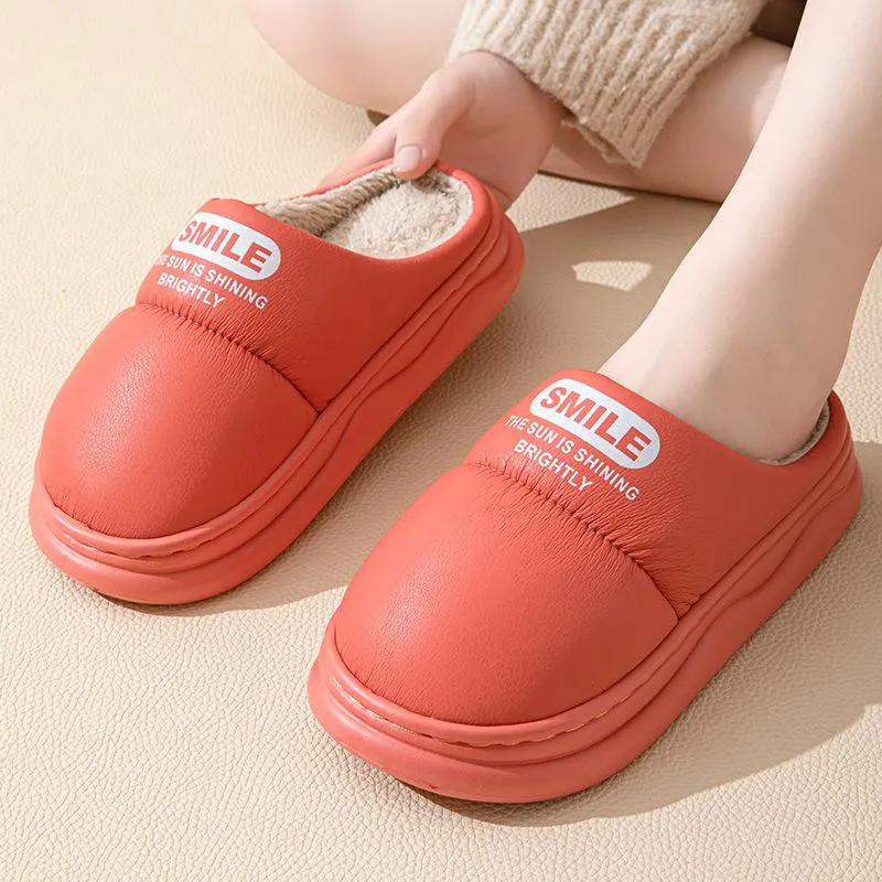 WTEMPO Тапочки из искусственной кожи с закрытым носком, осенне-зимние, хлопковые, для пар, ПУ, толстый плоский каблук, домашние, плюшевые, теплые тапочки