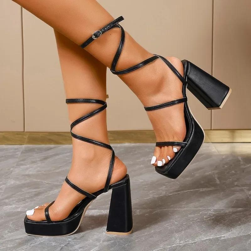 Woman High Heels Chunky Sandals Women Fashion Dress Shoes Cross Tied-Lace Up 2024 Summer Pumps Black Designer Zapatos Mujer 42