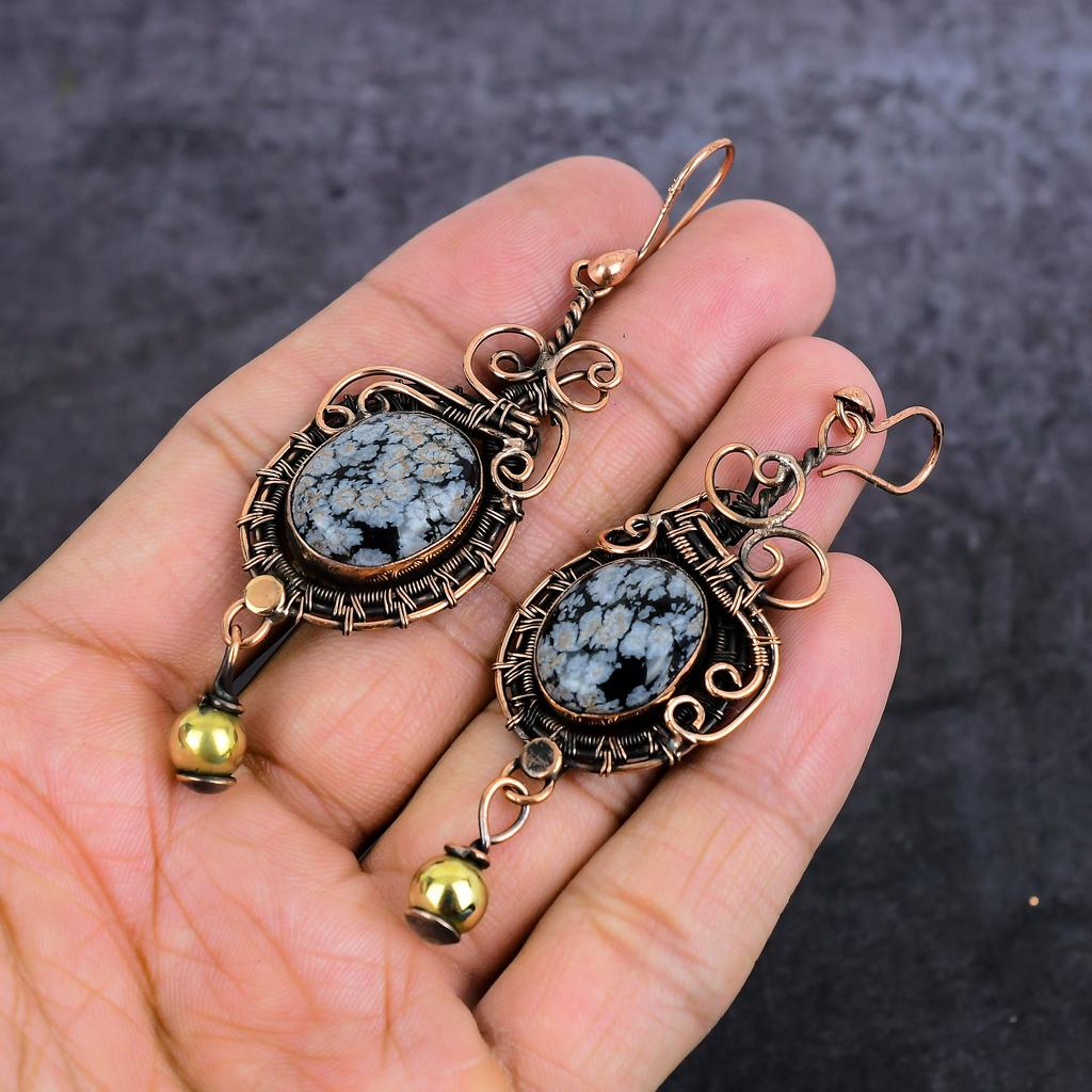 Обсидиан Снежный Ручной Работы Медная Проволока Обмотка Ювелирное Украшение Серьга 3.39" j7a27