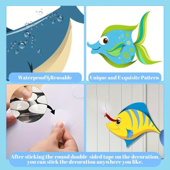 4 Pcs Wood Fish Nautical Wall Decor, Ocean Fish Shark Rustic Hanging Beach Decor, Cartoon Coastal Wall Art for Living Room, Nursery