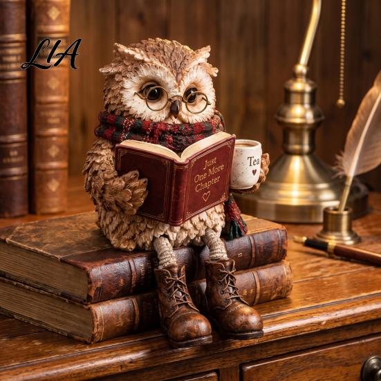 Small Desktop Ornament for Fireplace Reading Owl Figurine, Statue with Open Book Glasses Scarf and Boots, Decorative Figurine Christmas Sculpture Home
