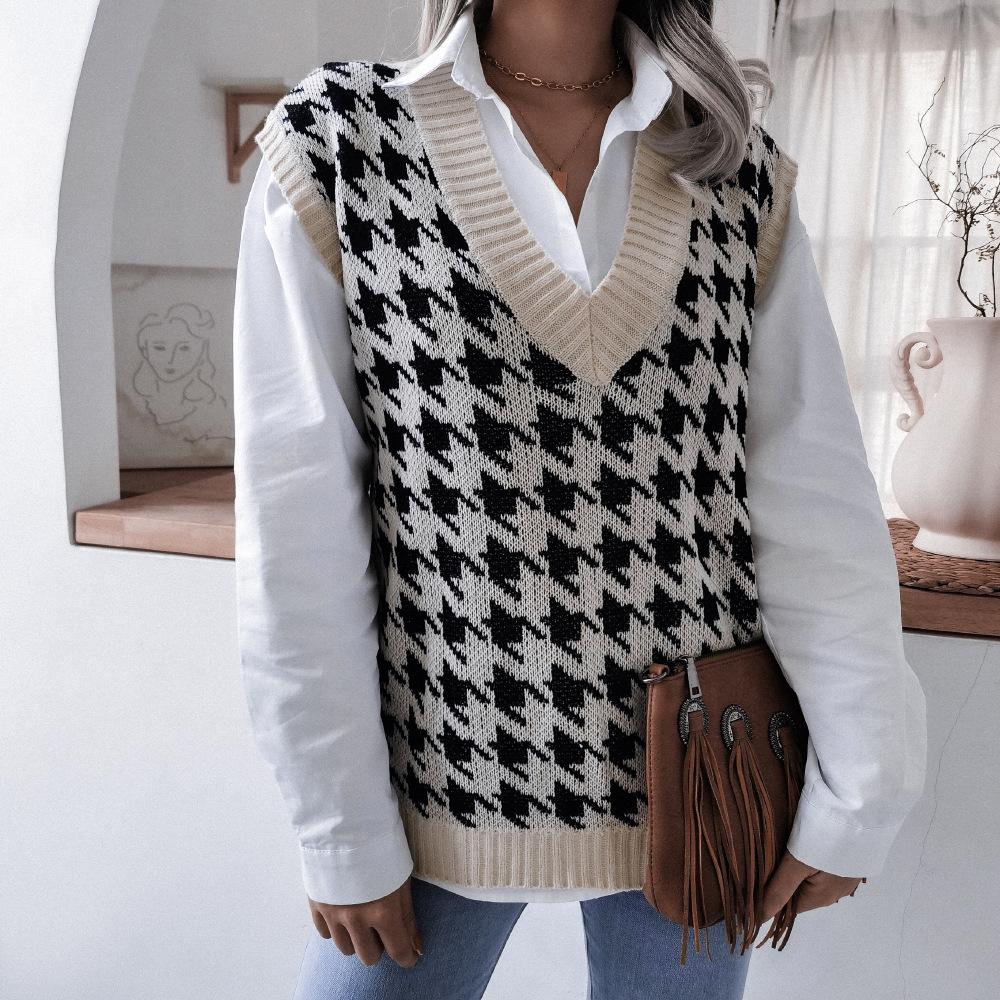 Women's Autumn and Winter V-neck Chibi Check Casual Loose Knitted Sweater Vest