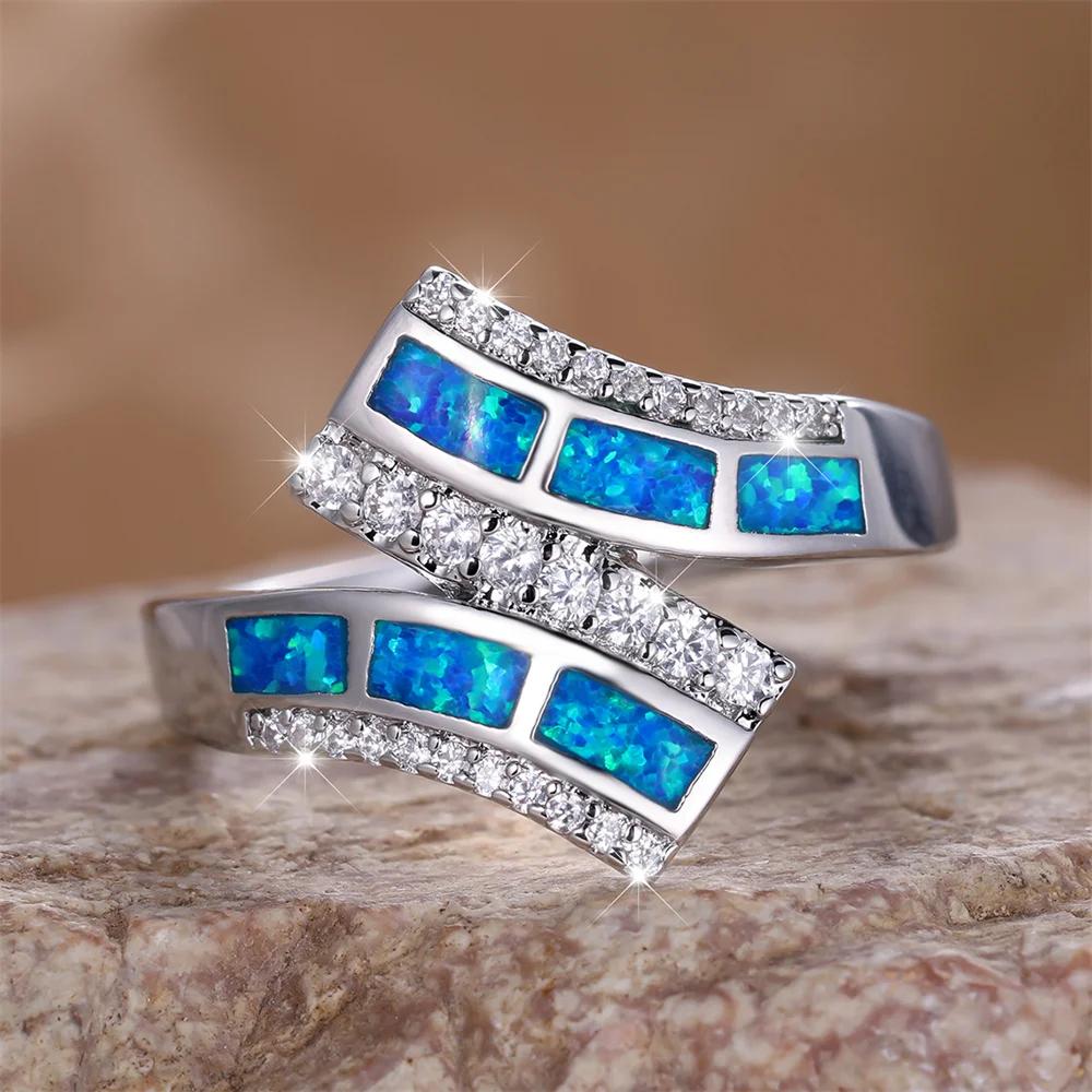 Geometric Blue Opal Engagement Rings for Women Vintage Silver Color Luxury Crystal White Zircon Wedding Band Jewelry