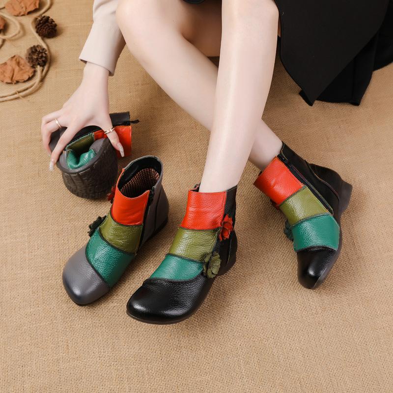 Warm Plush Ankle Boots Women's Luxury  Shoes Genuine Leather Booties Woman Designer Patches Boho Boots Ladies Chic Shoes