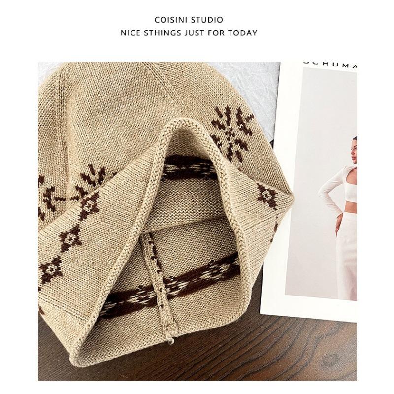 Women S Fair Isle Knit Slouch Hat Cuffed Autumn Winter Versatile Face Slimming Hat