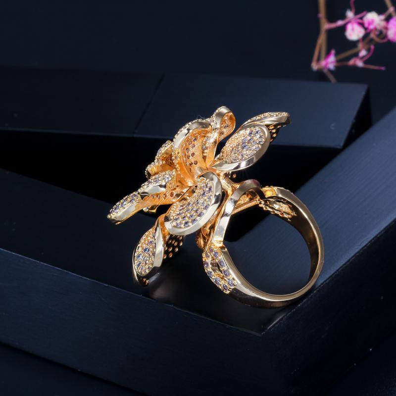 CMM Luxury Cubic Zirconia Nigerian Gold Color Statement Large Flower Finger Rings For Women Wedding Prom Jewelry