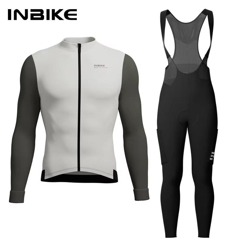 Зимняя велосипедная одежда INBIKE для мужчин Флисовые велосипедные комплекты Джерси с длинным рукавом и карманами Длинные велосипедные комбинезоны для шоссейных велосипедов