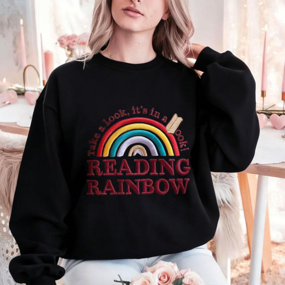 Reading Rainbow Взгляни Женский свитшот DTF-печать Вышитый стиль Пуловер, Ретро Подарок книголюбу для заядлых читателей