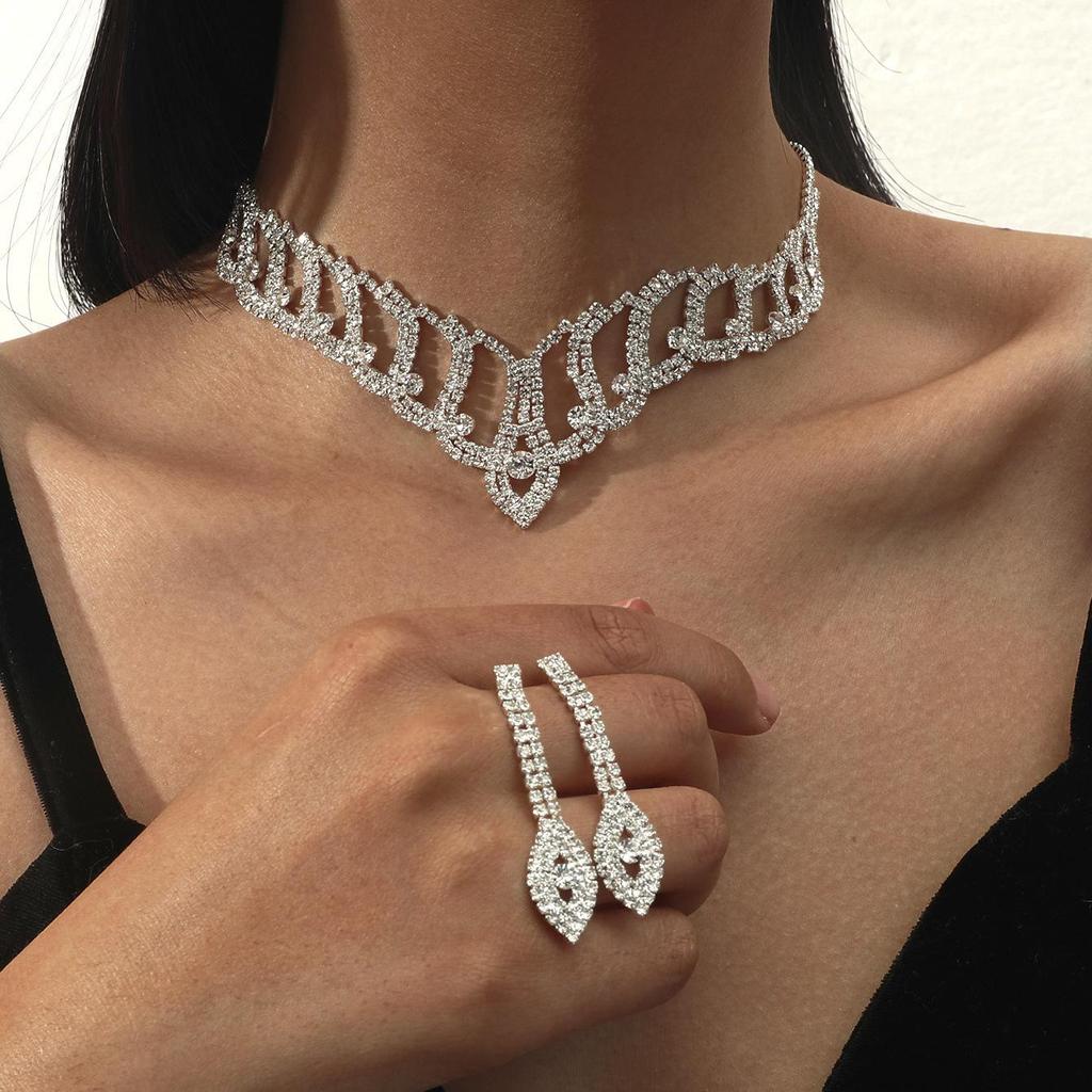 Luxury Bridal Zircon Flower Necklace & Earrings Set - Elegant Wedding Jewelry Accessories