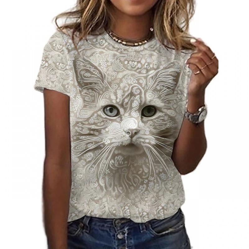 Animal Series Digital 3D Printed Men's Women's Short Sleeved T-shirt Cute Cat Round Neck Base Top