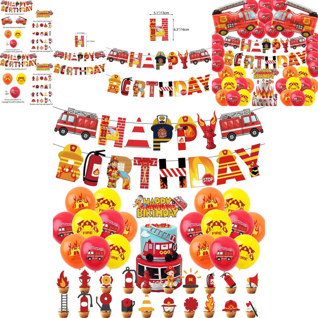 High Quality Fire Department Party Supplies Firefighter Theme Cake Insert Balloon Pull Flag Set