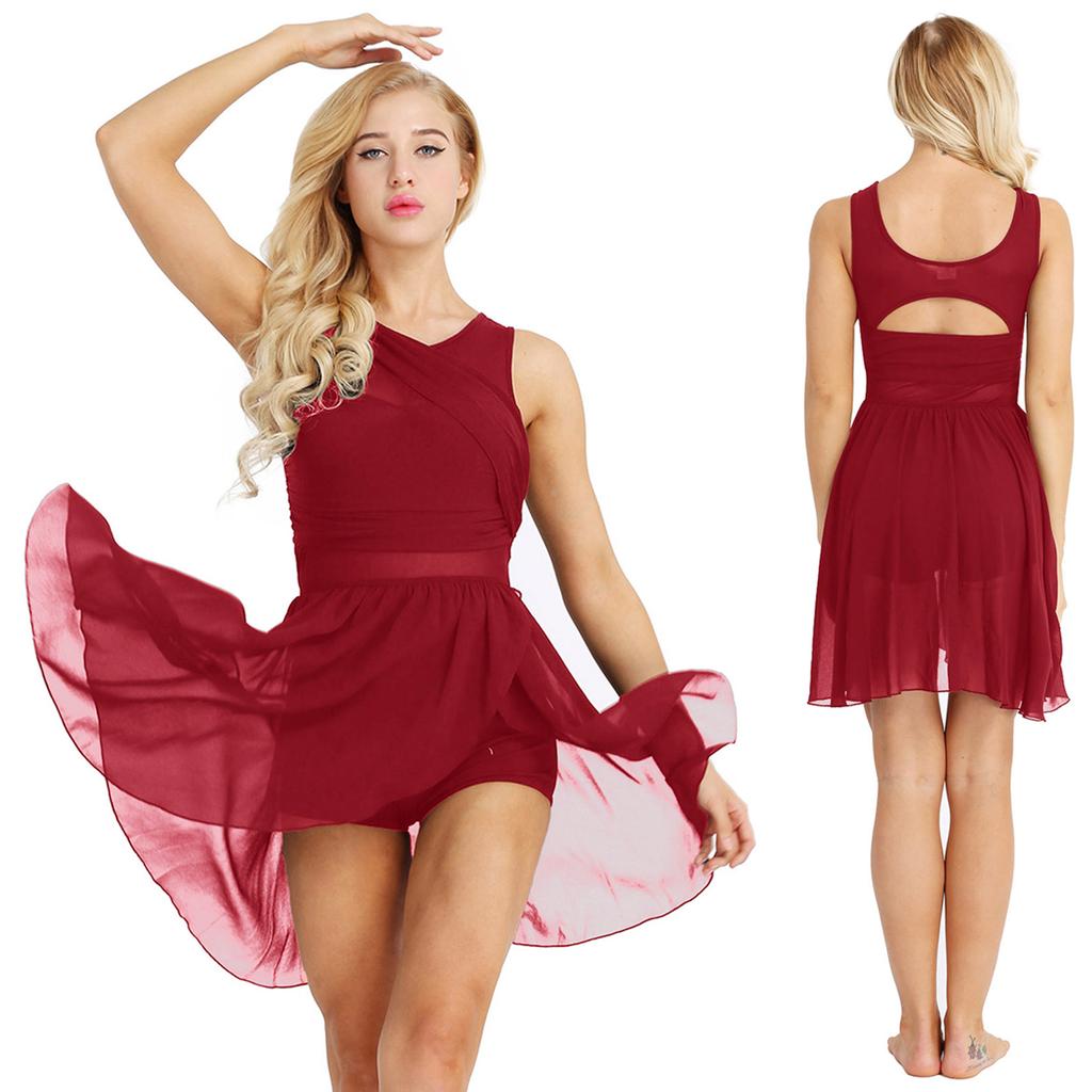 Женское платье-купальник без рукавов с вырезом, асимметричное, из шифона, эластичное, для балета, гимнастики, соревнований по танцам