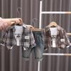 0-5-Year-old Boys' Suit Children's Checkered Long Sleeved Shirt Jacket Round Neck White Top Casual Denim Pants Three Piece Set