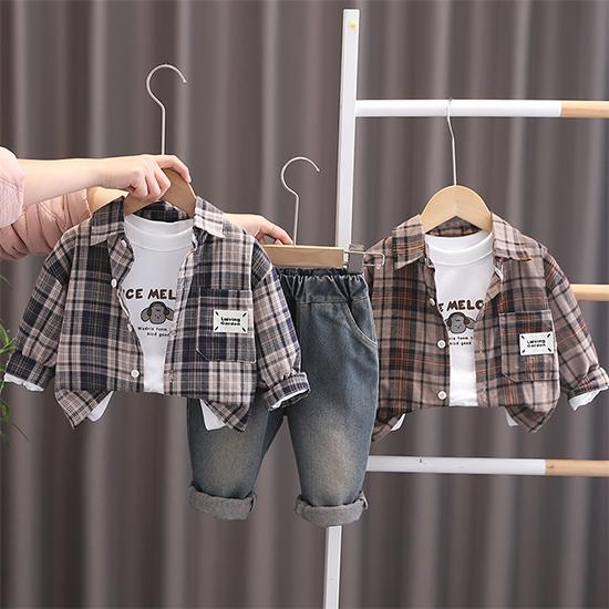 Костюм для мальчика 0-5 лет Детская клетчатая рубашка с длинными рукавами Куртка Круглый вырез Белый топ Повседневные джинсовые брюки Комплект из трех предметов