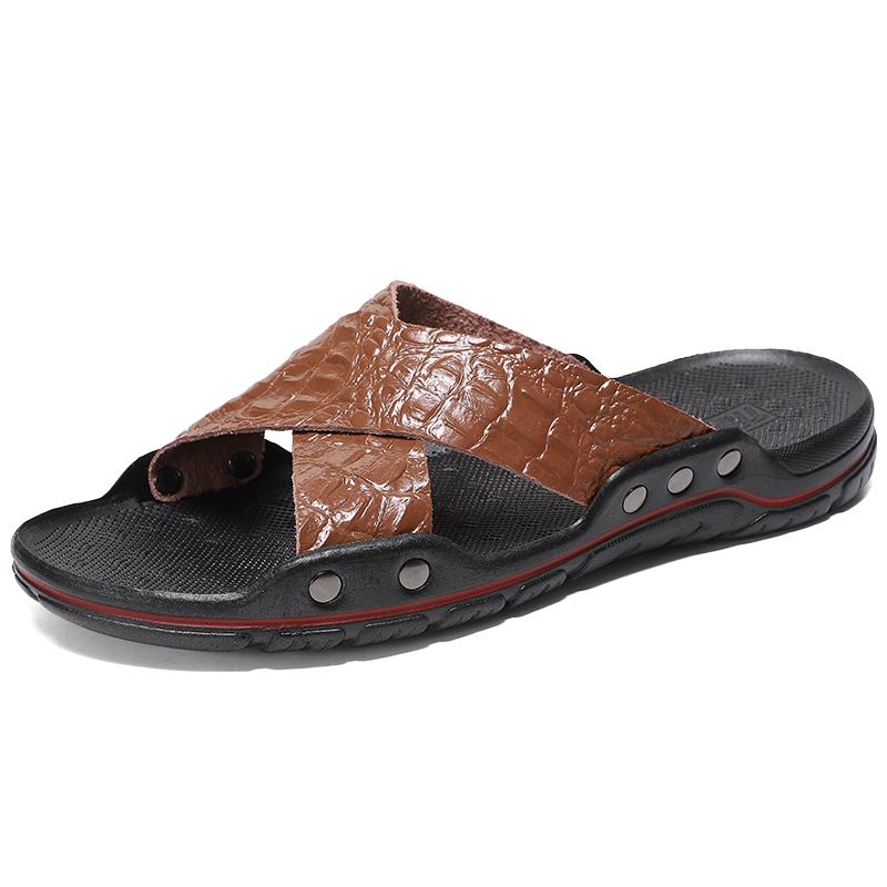 Летние мужские пляжные тапочки из натуральной кожи, домашние сандалии больших размеров