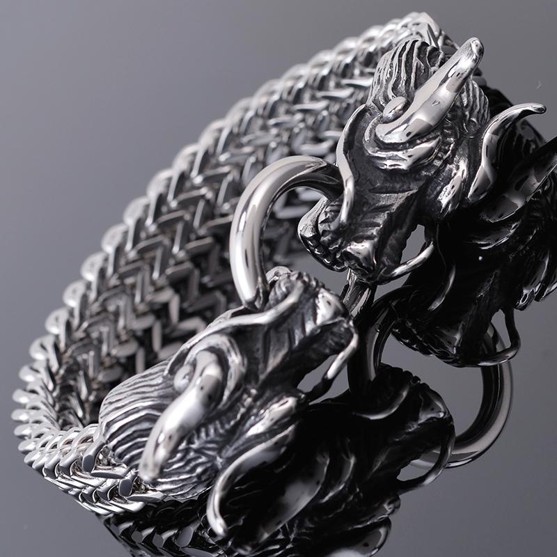 Punk Rock Double Dragon Head Man Bracelet For Men Friendship Men's Bracelets 8.8" 11MM Width Stainless Steel Franco Chain Male Jewelry