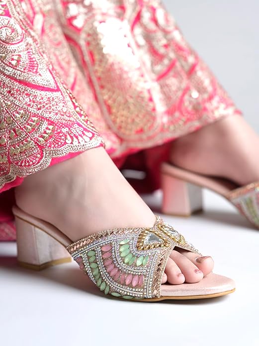 Shoetopia Женские роскошные босоножки на устойчивом каблуке с украшениями | Вьетнамки для вечеринок и свадеб с ремешком из бусин обувь