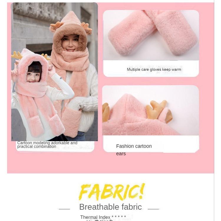 Рождественская шапка для взрослых, шарф, перчатки, интегрированный зимний теплый плюшевый шарф с рогами из мультфильма для родителей и детей, детский