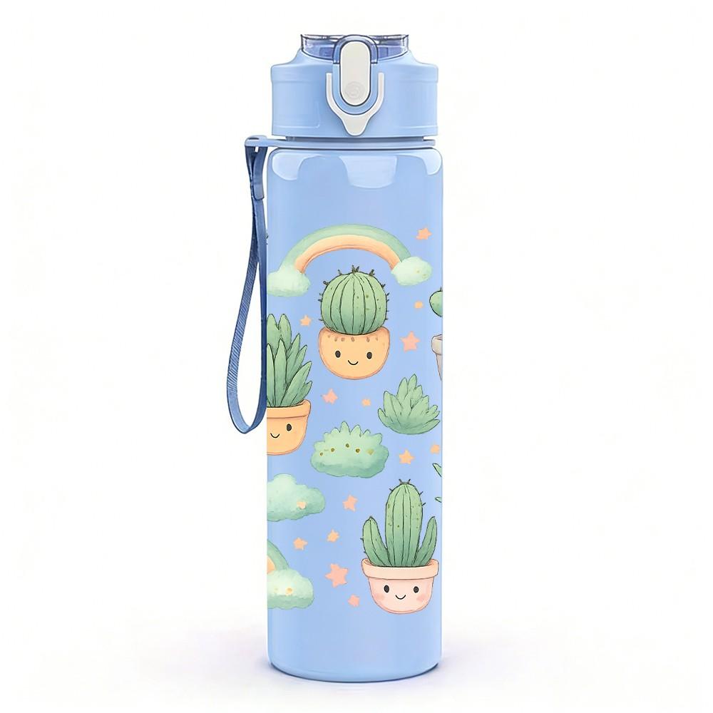 1PC Cactus Rainbow Repeat Pattern 750ml Color Plastic Sports Water Bottle Leakproof Flip Straw Lid Suitable for Sports Office Home Use