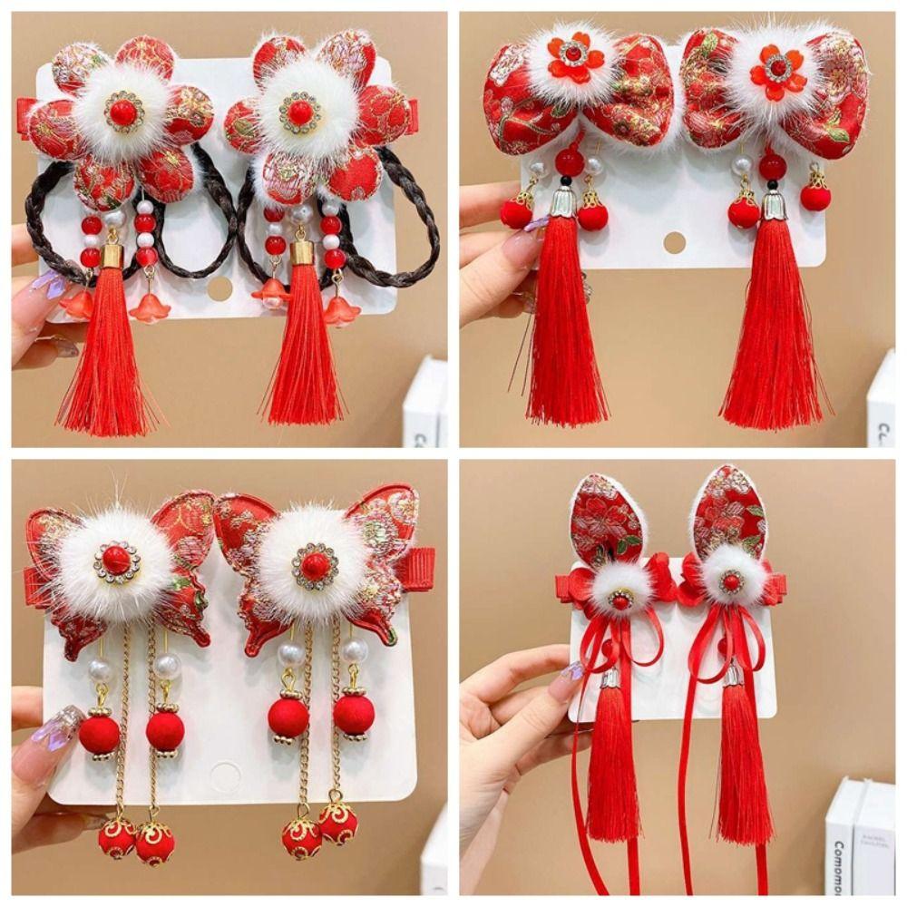 2pcs Tassel Children Hair Clips Chinese Style Red Bow Hairpin Hair Accessories Wig Braid Hairpin