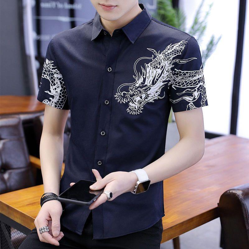 Men's Printed Short-sleeved Summer Trend of Handsome and Stylish Shirt Casual Versatile Inch Shirt Men's Shirt