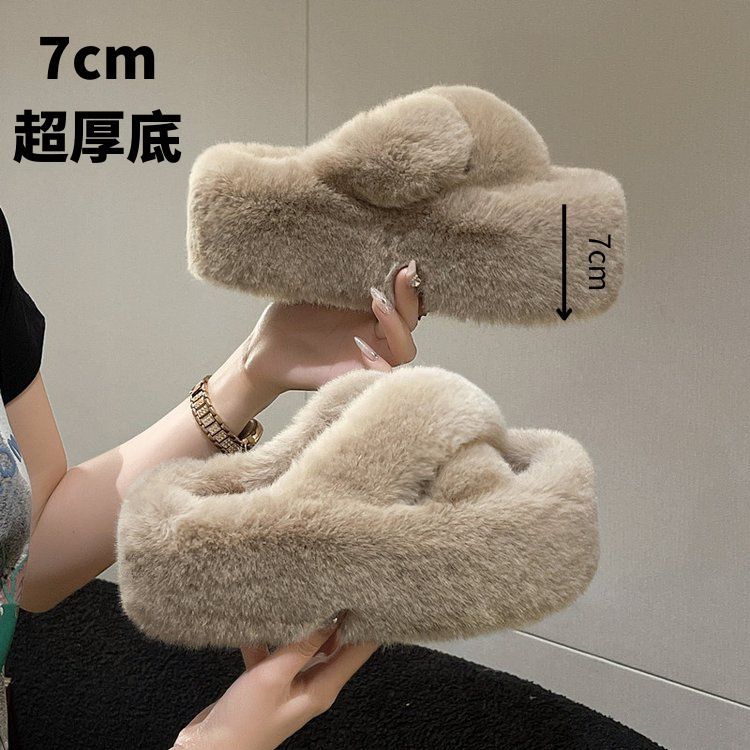 Импортные тапочки большого размера, пушистые, женские, осенне-зимние, новые, домашняя одежда, верхняя одежда, внутренняя часть из бархата, толстая подошва, 7 см, перекрестные, пушистые, перетаскиваемые