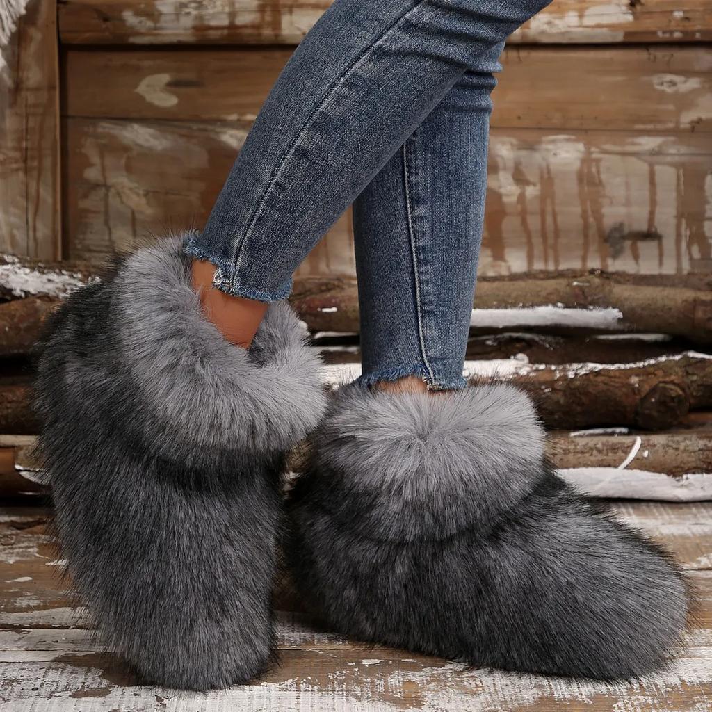 Fashion Women's Winter Snow Boots Outdoor Luxury Furry Faux Fox Fur Boots Woman Plush Warm Platform Shoes New Fashion Bottes Big Size