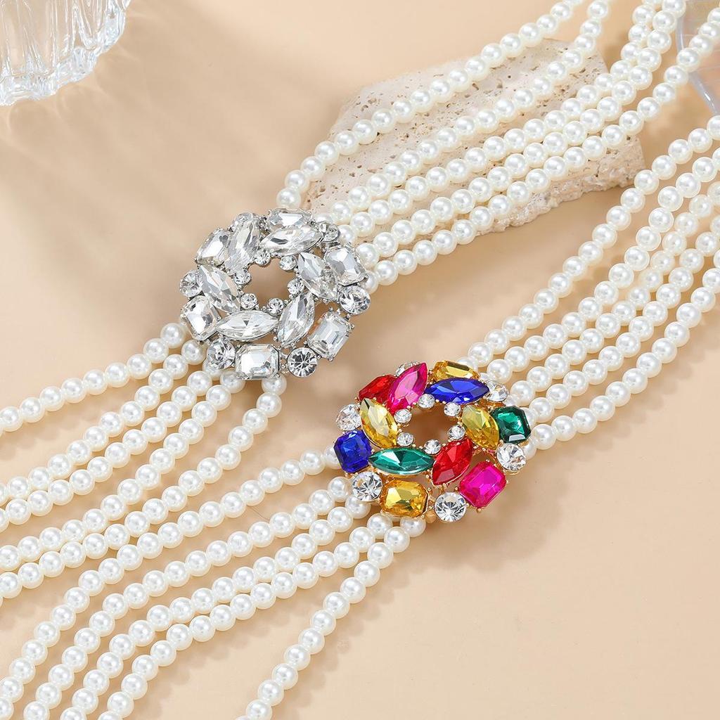 Multi-layer Imitation Pearl Necklace with Glass Diamond Flower - European & American Style Jewelry