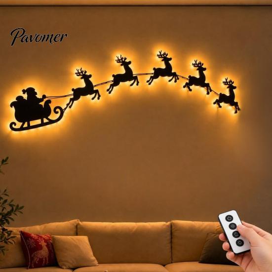 Illuminated Reindeer Wall Hanging Lighted Santa Sleigh Christmas Decor with Remote, 3D Light Up Wood Peel Wireless Led Sconce And Stick Entryway Art,