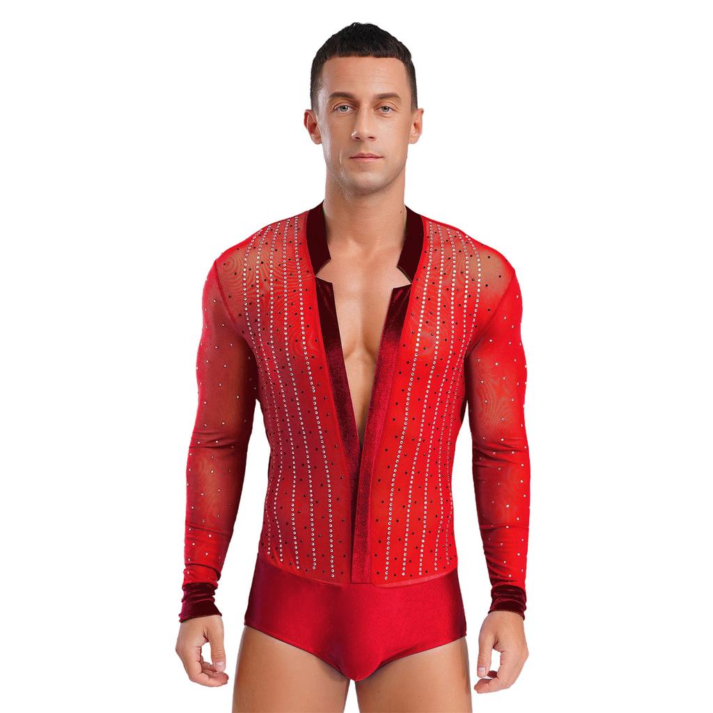Men Latin Dance Leotard Mesh Long Sleeve Deep V Neck Velvet Shiny Rhinestones Bodysuit