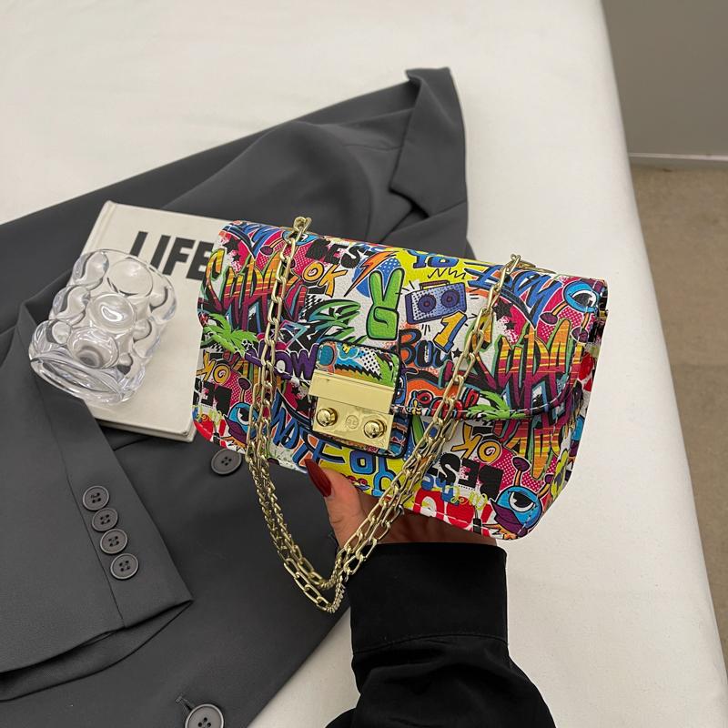 Женская мода Граффити Маленькая сумка 2024 Лето Дамы Клапан Телефон Вечерний Клатч Кошелек Сумки Через Плечо Для Женщин Цепи Сумки На Плечо
