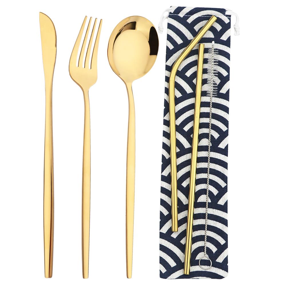 6 шт., набор столовых приборов для кемпинга, дорожный набор столовых приборов, нож, вилка, ложка, соломинка с портативной сумкой, набор посуды из нержавеющей стали