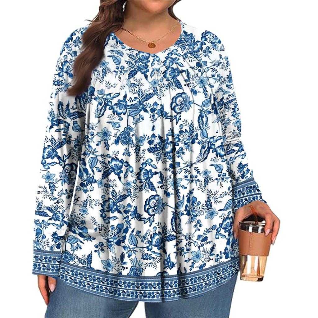 Женский модный топ большого размера с принтом, повседневный плиссированный, с круглым вырезом и длинными рукавами