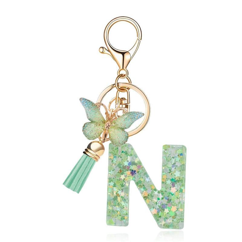 A-Z Dreamy Letters Keychain for Women Tassels Butterfly Pendant Initial Keyrings Purse Suspension Bags Car Key Chain Pink