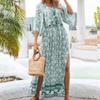 Летнее пляжное богемное платье, женское элегантное сексуальное платье из двух предметов с v-образным вырезом, повседневное длинное платье с цветочным принтом и разрезом, халат Femme 25390