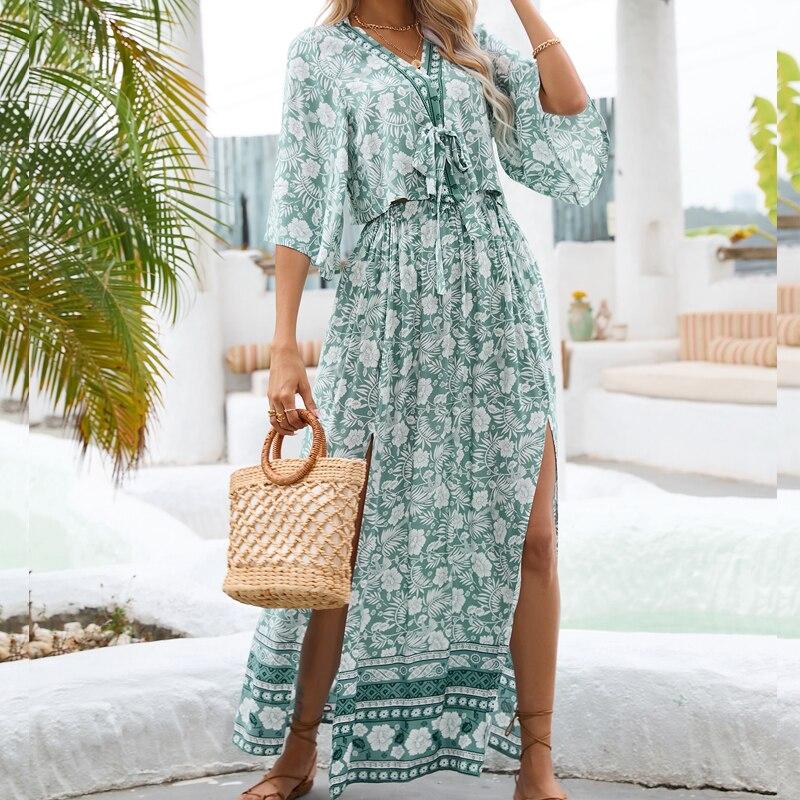 Летнее пляжное богемное платье, женское элегантное сексуальное платье из двух предметов с v-образным вырезом, повседневное длинное платье с цветочным принтом и разрезом, халат Femme 25390