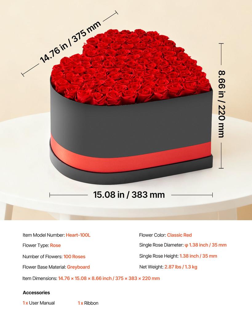 VEVOR Forever Flowers, 100 Preserved Roses in a Heart Shape Box, Eternal Flowers Immortal Bouquet Birthday Present for Women Her Wife Mothers