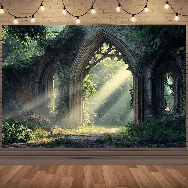 1 Magic Forest Ruins Gothic Arch Stone Carving Theme Background Banner Multiple Sizes to Choose from